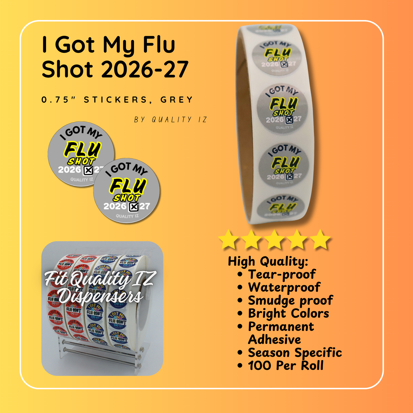 0.75" I Got My Flu Shot 2026-27 Stickers (100 Per Roll, Grey)