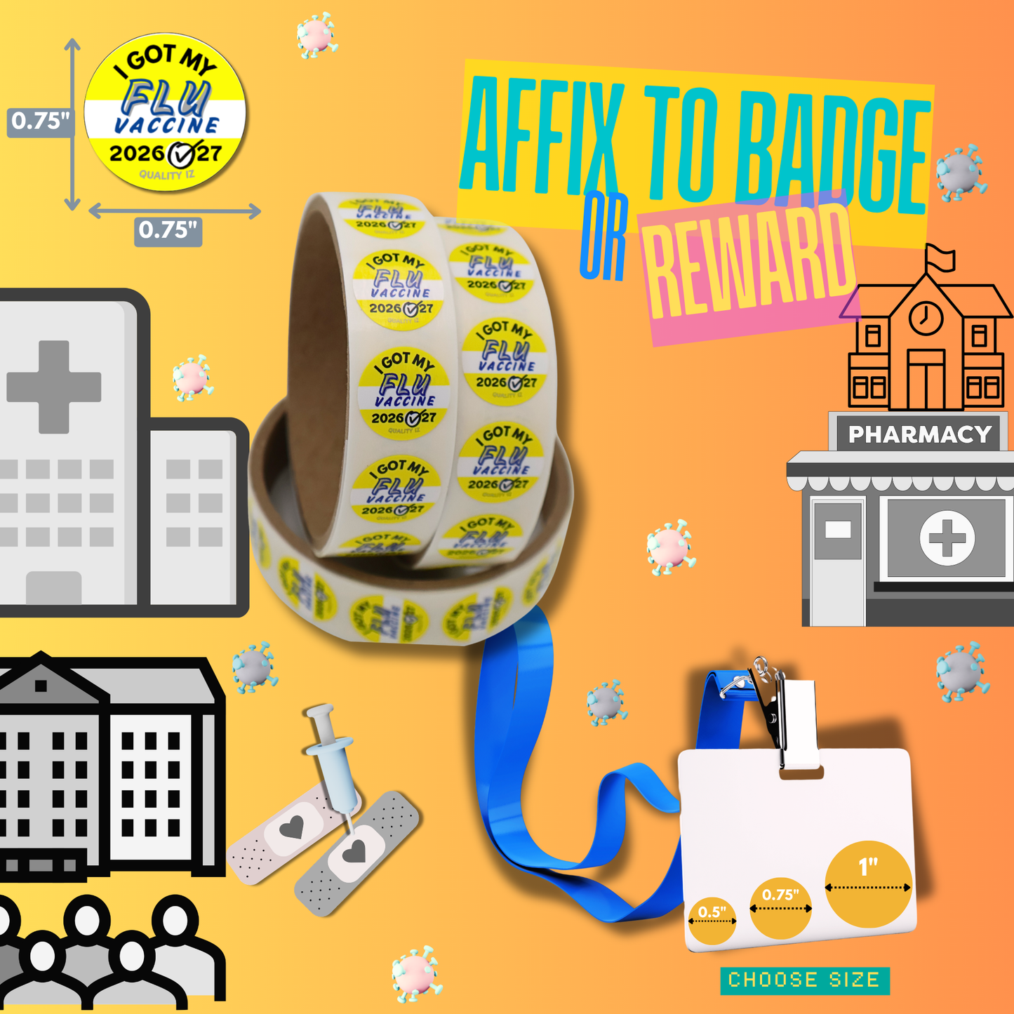 0.75" I Got My Flu Vaccine 2026-27 Stickers (100 Per Roll, Yellow)