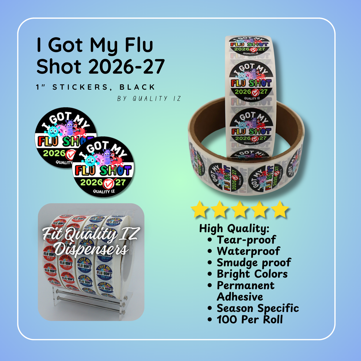 1" I Got My Flu Shot 2026-27 Stickers (100 Per Roll, Black)