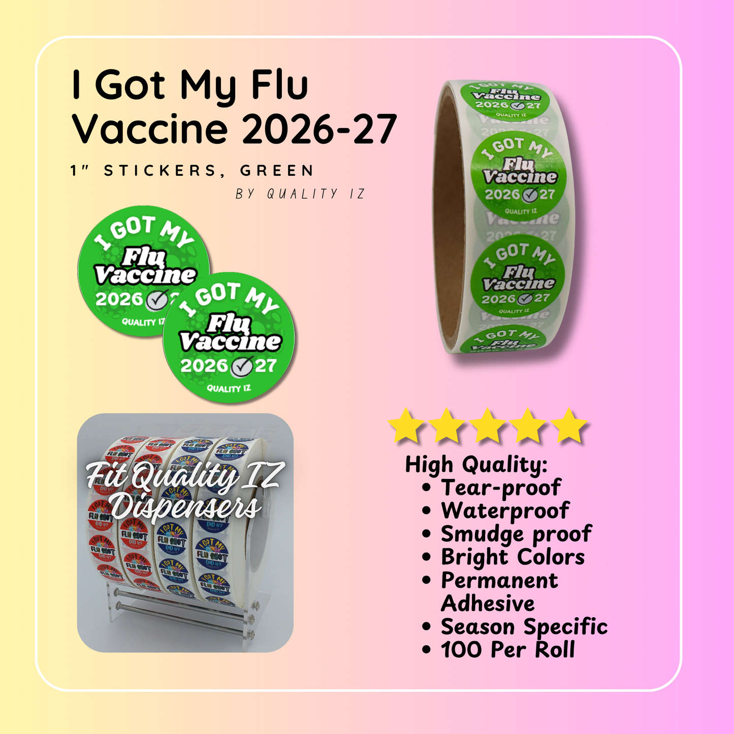 1" I Got My Flu Vaccine 2026-27 Stickers (100 Per Roll, Green)