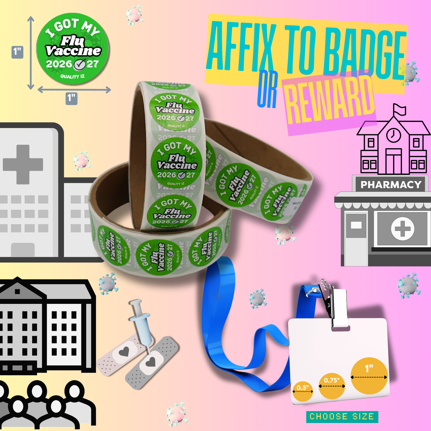 1" I Got My Flu Vaccine 2026-27 Stickers (100 Per Roll, Green)