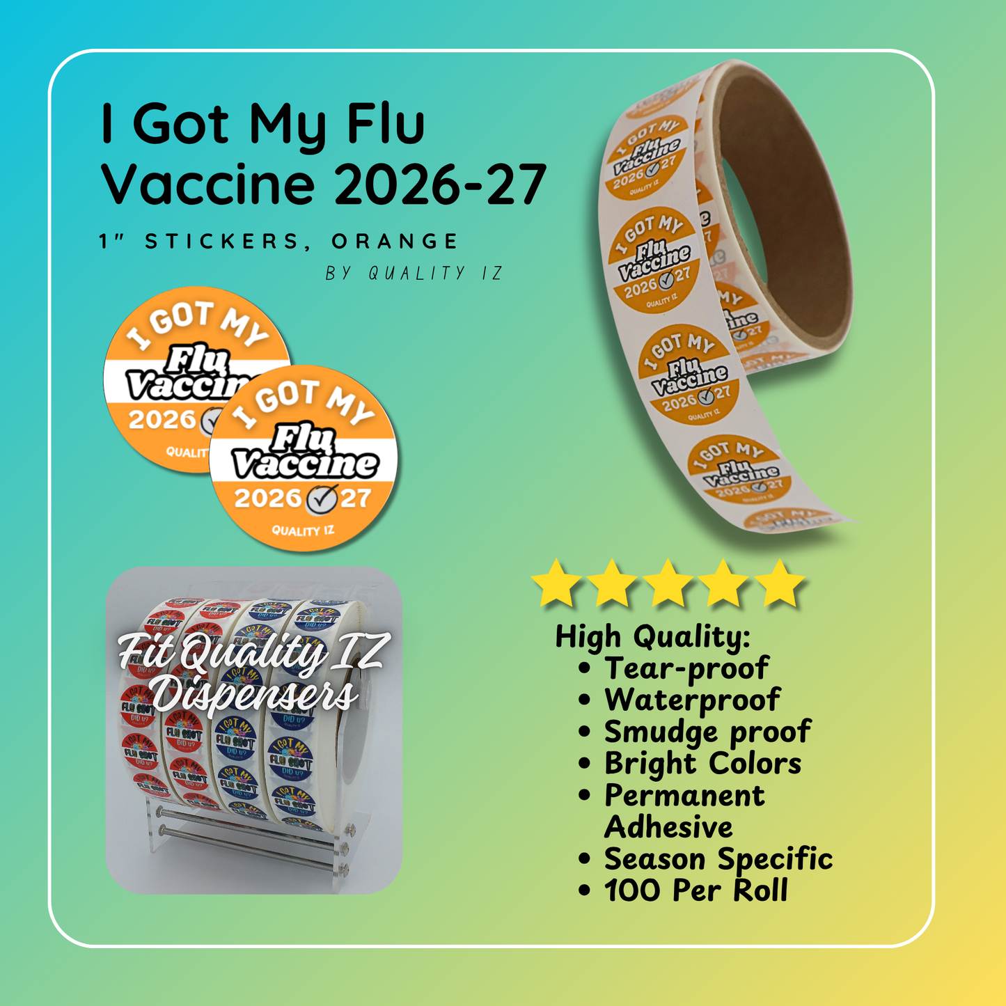 1" I Got My Flu Vaccine 2026-27 Stickers (100 Per Roll, Orange)