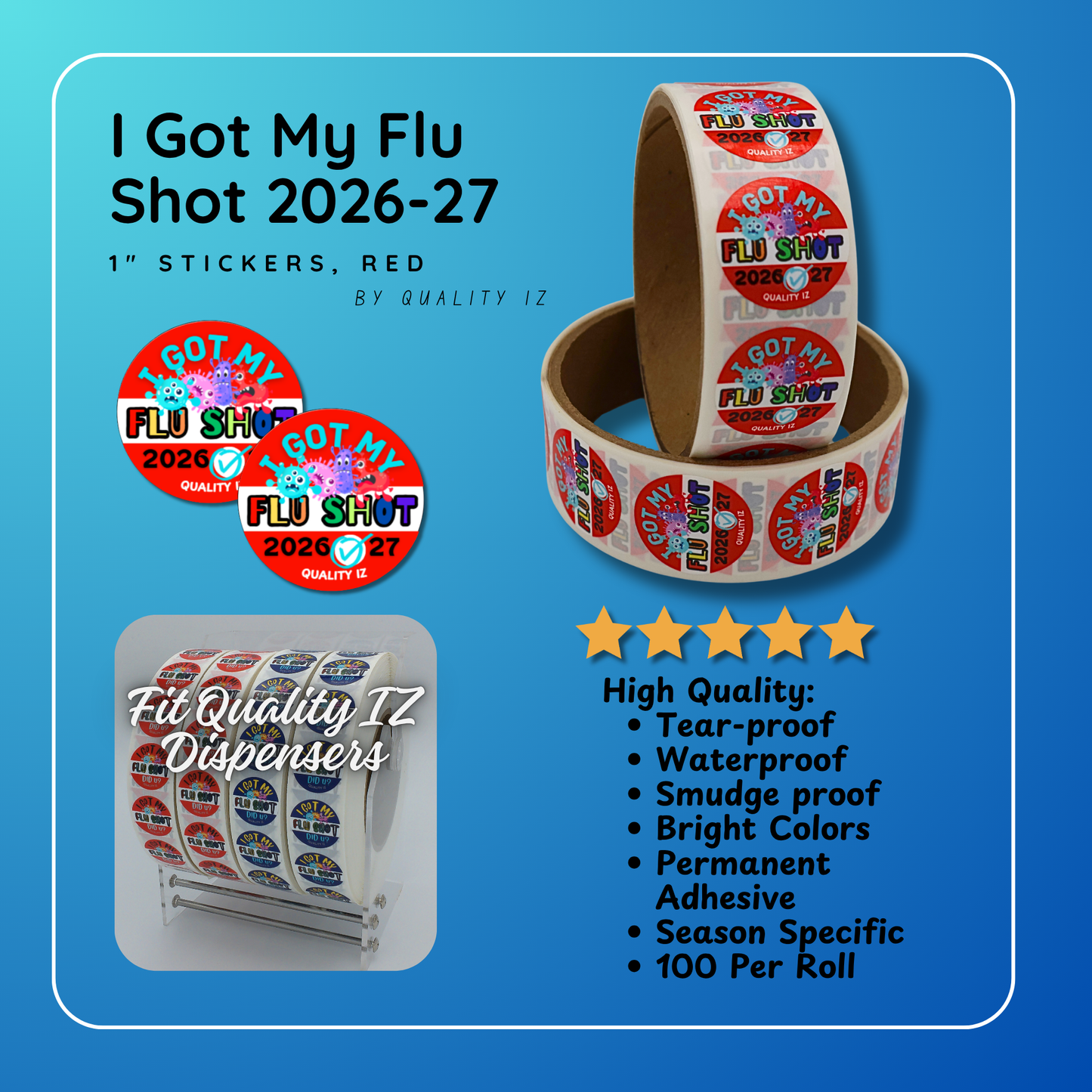1" I Got My Flu Shot 2026-27 Stickers (100 Per Roll, Red)