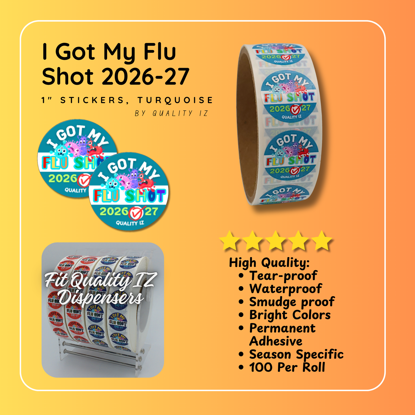 1" I Got My Flu Shot 2026-27 Stickers (100 Per Roll, Turquoise)