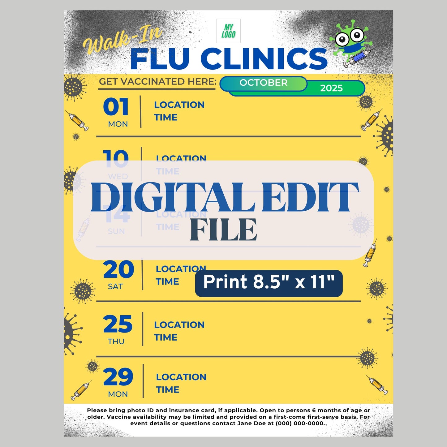 Digital File, Flu Clinics Schedule Template, Yellow, Digital Edit, Printable 8.5"x11"