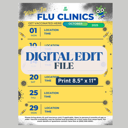 Digital File, Flu Clinics Schedule Template, Yellow, Digital Edit, Printable 8.5"x11"