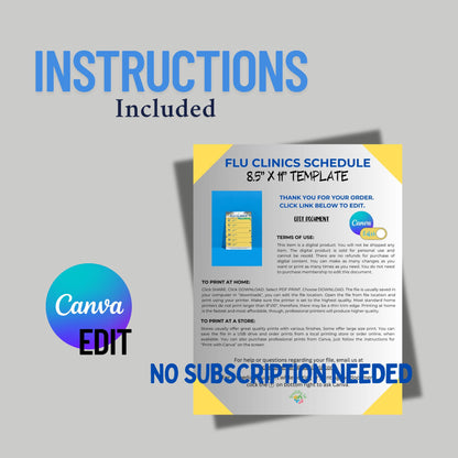 Digital File, Flu Clinics Schedule Template, Yellow, Digital Edit, Printable 8.5"x11"
