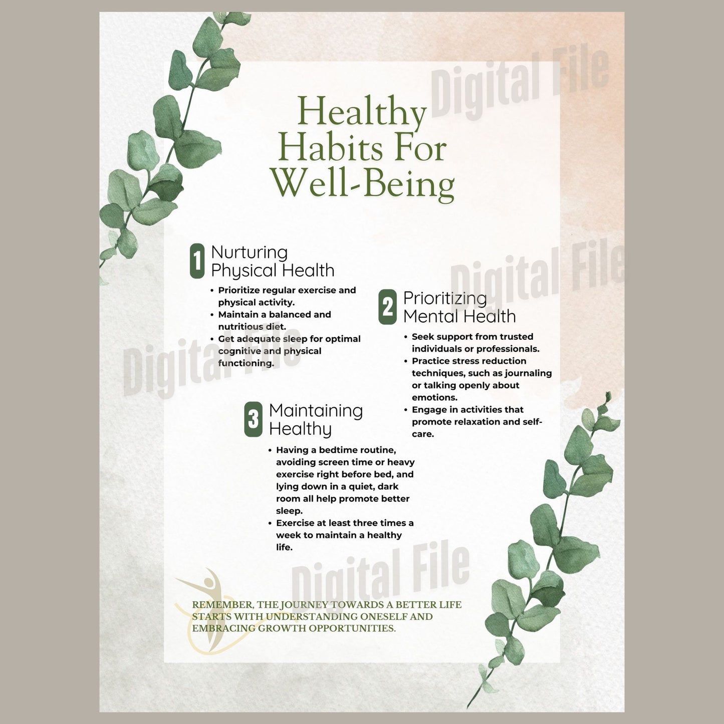 Digital File, 8x11", 18x24" Healthy Habits Minimalist Poster, PDF Digital Print