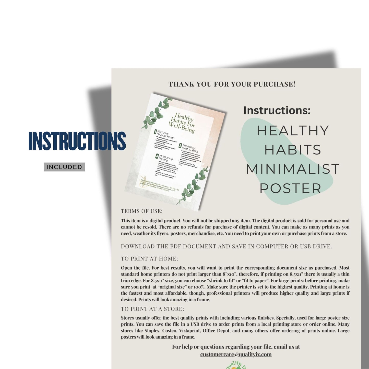 Digital File, 8x11", 18x24" Healthy Habits Minimalist Poster, PDF Digital Print