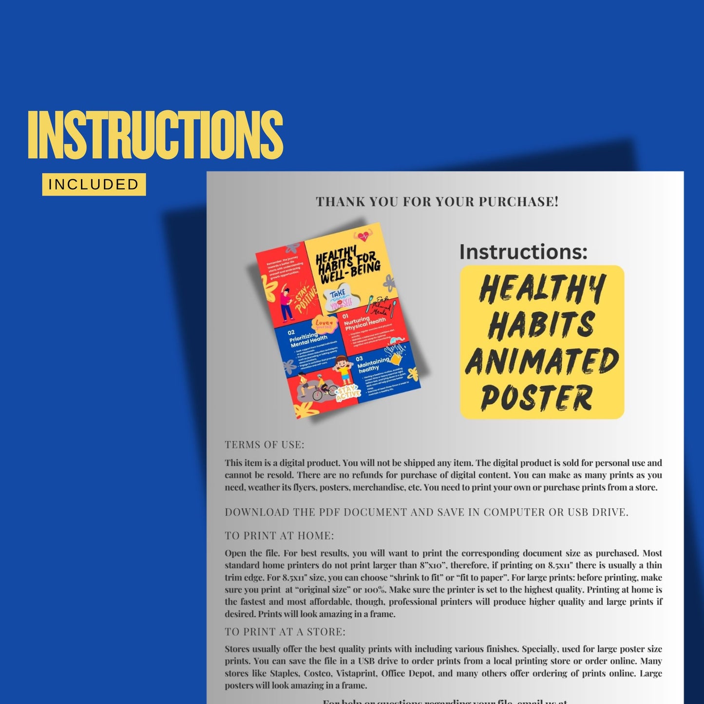 Digital File, 8x11", 18x24" Healthy Habits Animated Poster, PDF Digital Print