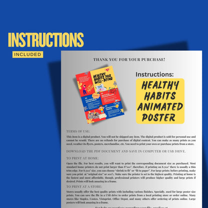Digital File, 8x11", 18x24" Healthy Habits Animated Poster, PDF Digital Print