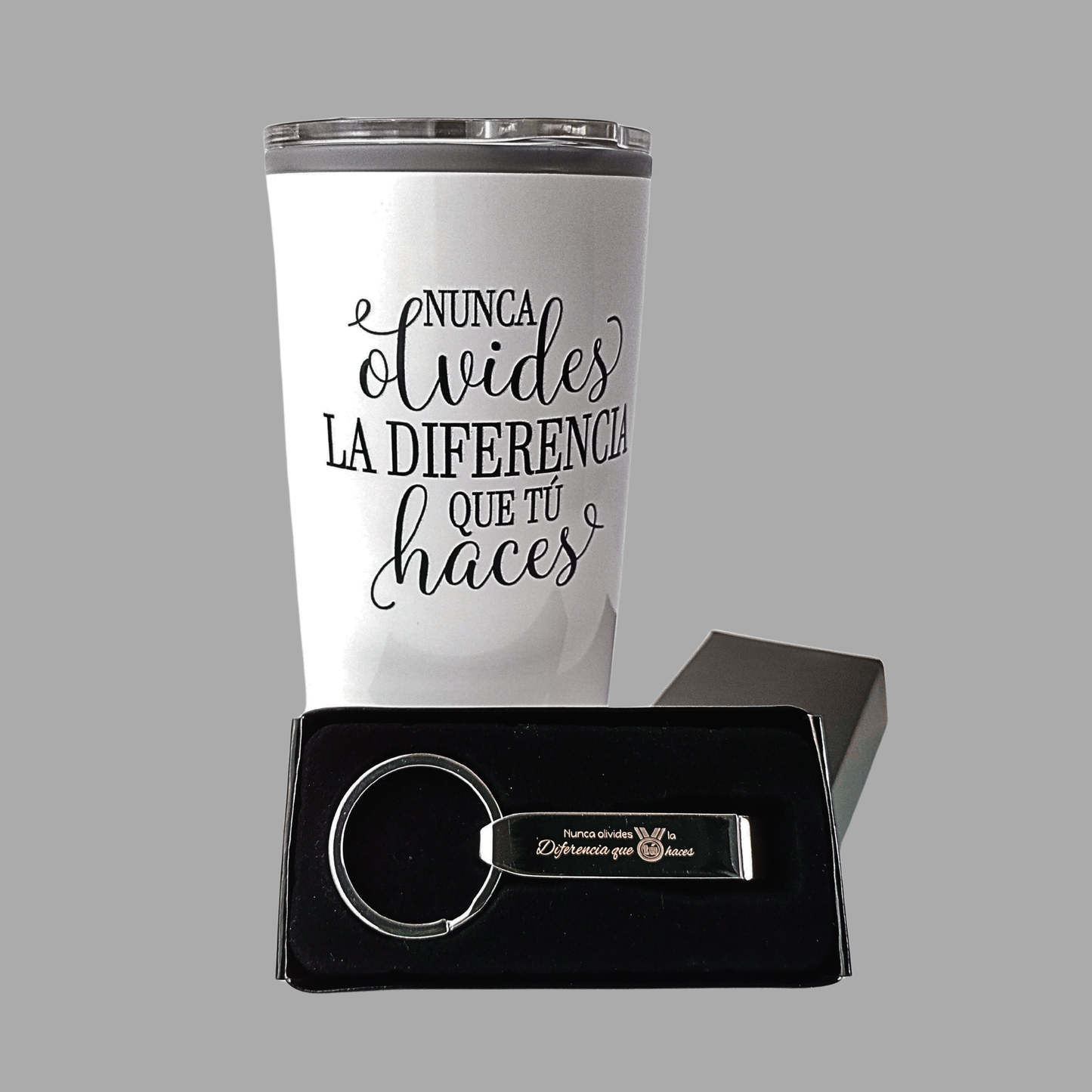 Spanish, Never Underestimate The Difference You Make, Tumbler & Matching Chrome Keychain Opener Gift-Set
