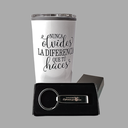 Spanish, Never Underestimate The Difference You Make, Tumbler & Matching Chrome Keychain Opener Gift-Set