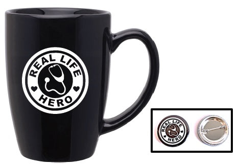 Real Life Hero" Black Mug & 1.5" Matching Pin-Button, Gift Set