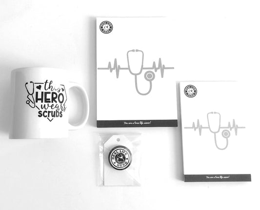This Hero Wears Scrubs 11oz. Mug, Real Life Hero Notepads, & 1.5" Button, Gift-Set Bundle
