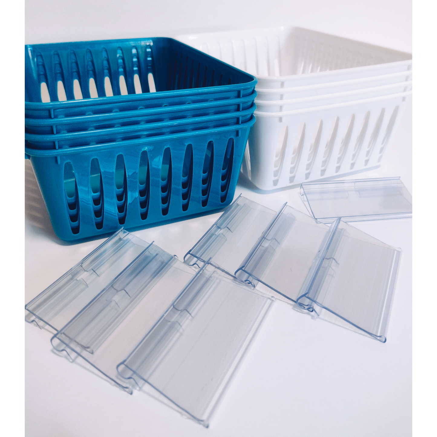 8 Storage Baskets 6.25" x 4.75" & 12 Label Holders With Cards, Blue & White