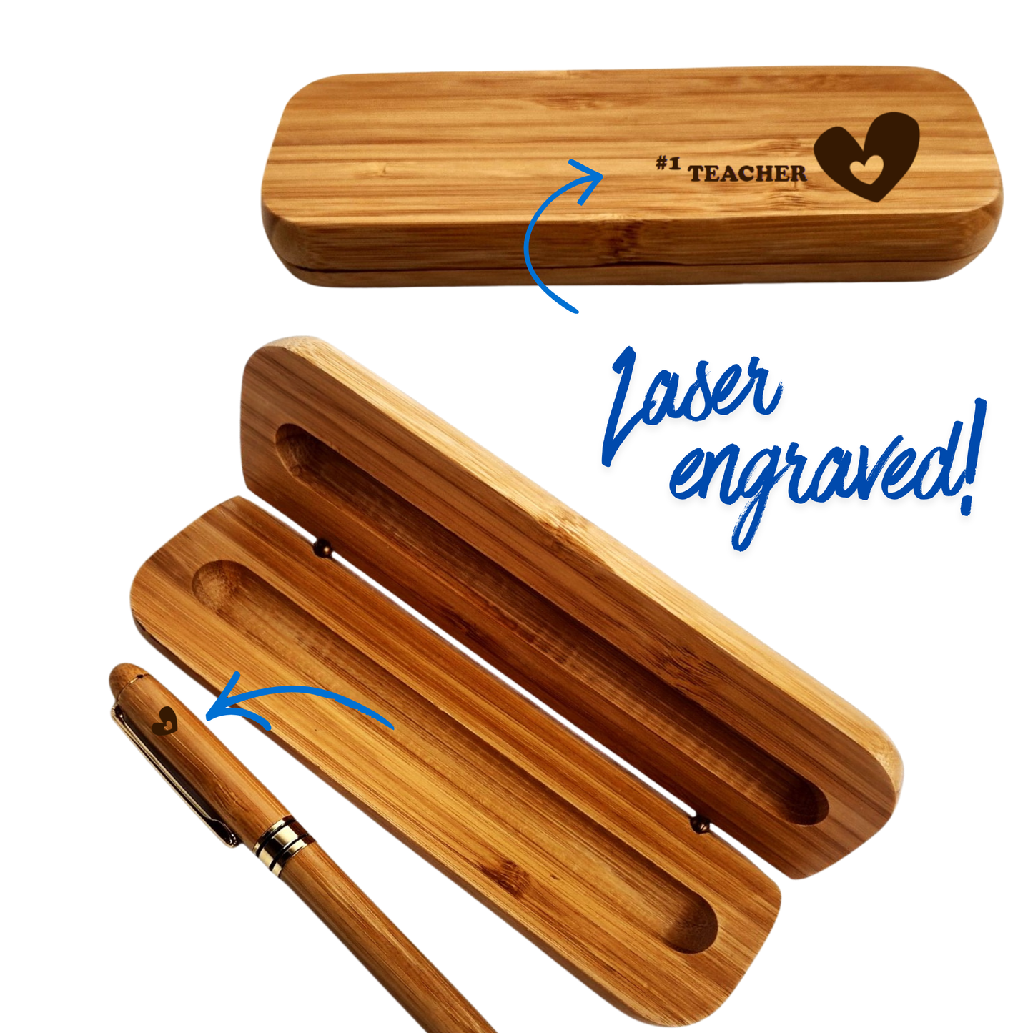 #1 Teacher, Heart Engraved Wood Pen & Matching Gift Box, Bamboo Set (Personalized Option)