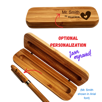 #1 Teacher, Heart Engraved Wood Pen & Matching Gift Box, Bamboo Set (Personalized Option)