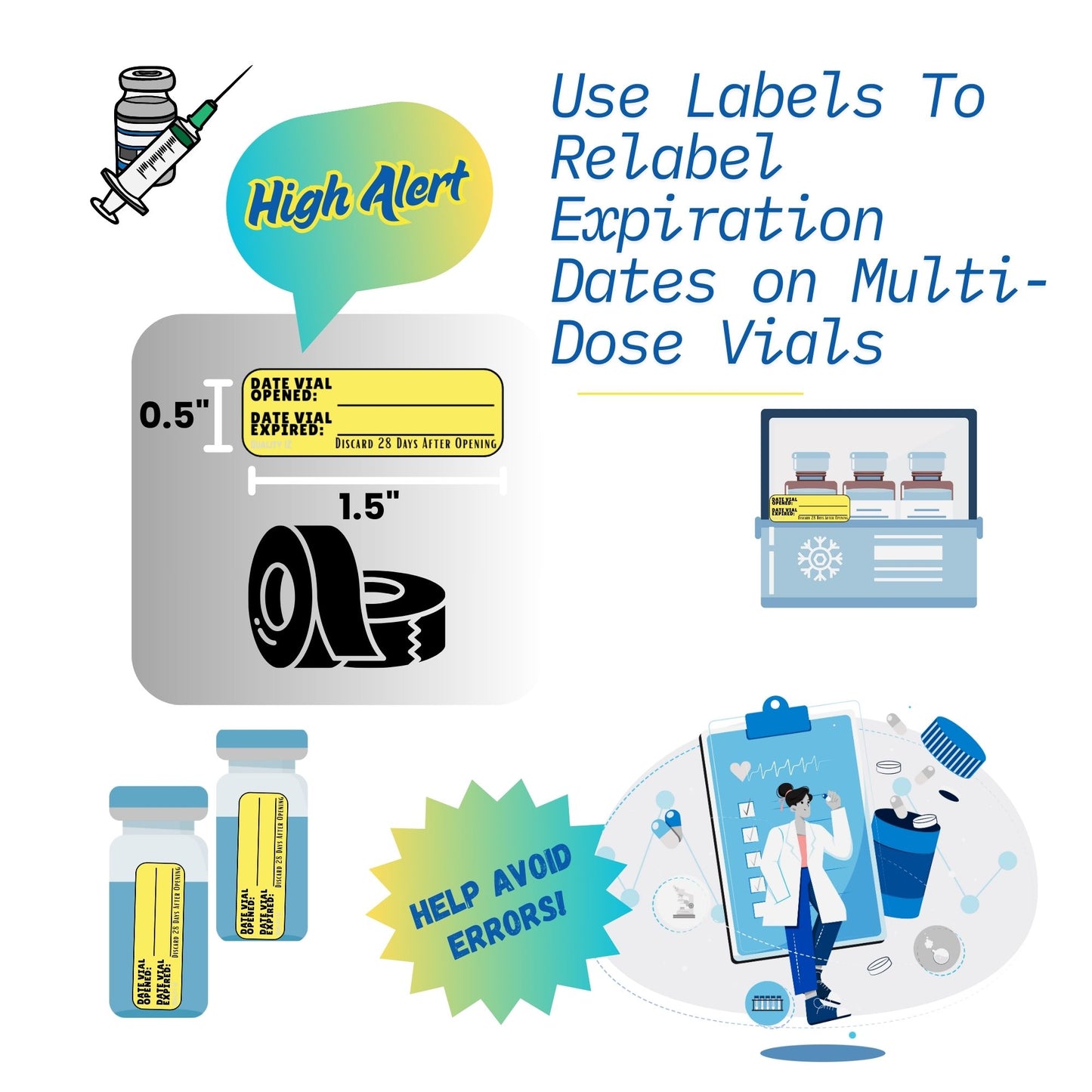 Date Vial Opened Date Vial Expired Labels, 1.5" x 0.5" (Yellow, 500/roll)