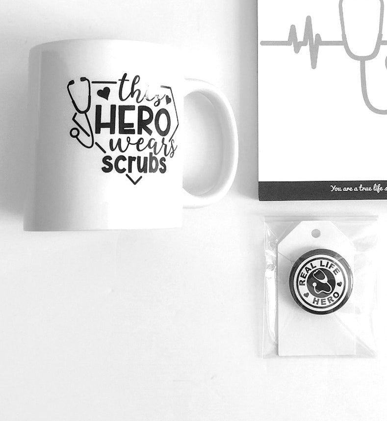 This Hero Wears Scrubs 11oz. Mug, Real Life Hero Notepads, & 1.5" Button, Gift-Set Bundle