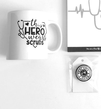 This Hero Wears Scrubs 11oz. Mug, Real Life Hero Notepads, & 1.5" Button, Gift-Set Bundle