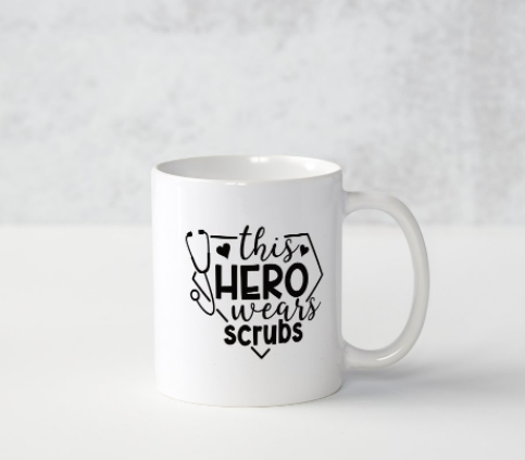 This Hero Wears Scrubs" White 11oz Mug & 1.5" Real Life Hero Pin-Button