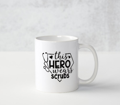 This Hero Wears Scrubs" White 11oz Mug & 1.5" Real Life Hero Pin-Button