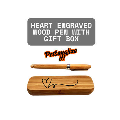 Heart Engraved Wood Pen & Gift Box, Bamboo Set, (Personalized Option)